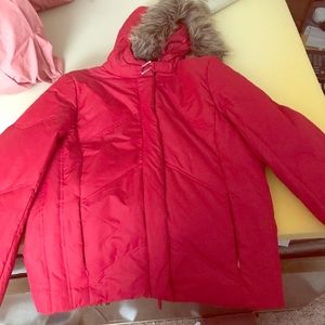 Red coat with fur lined hood